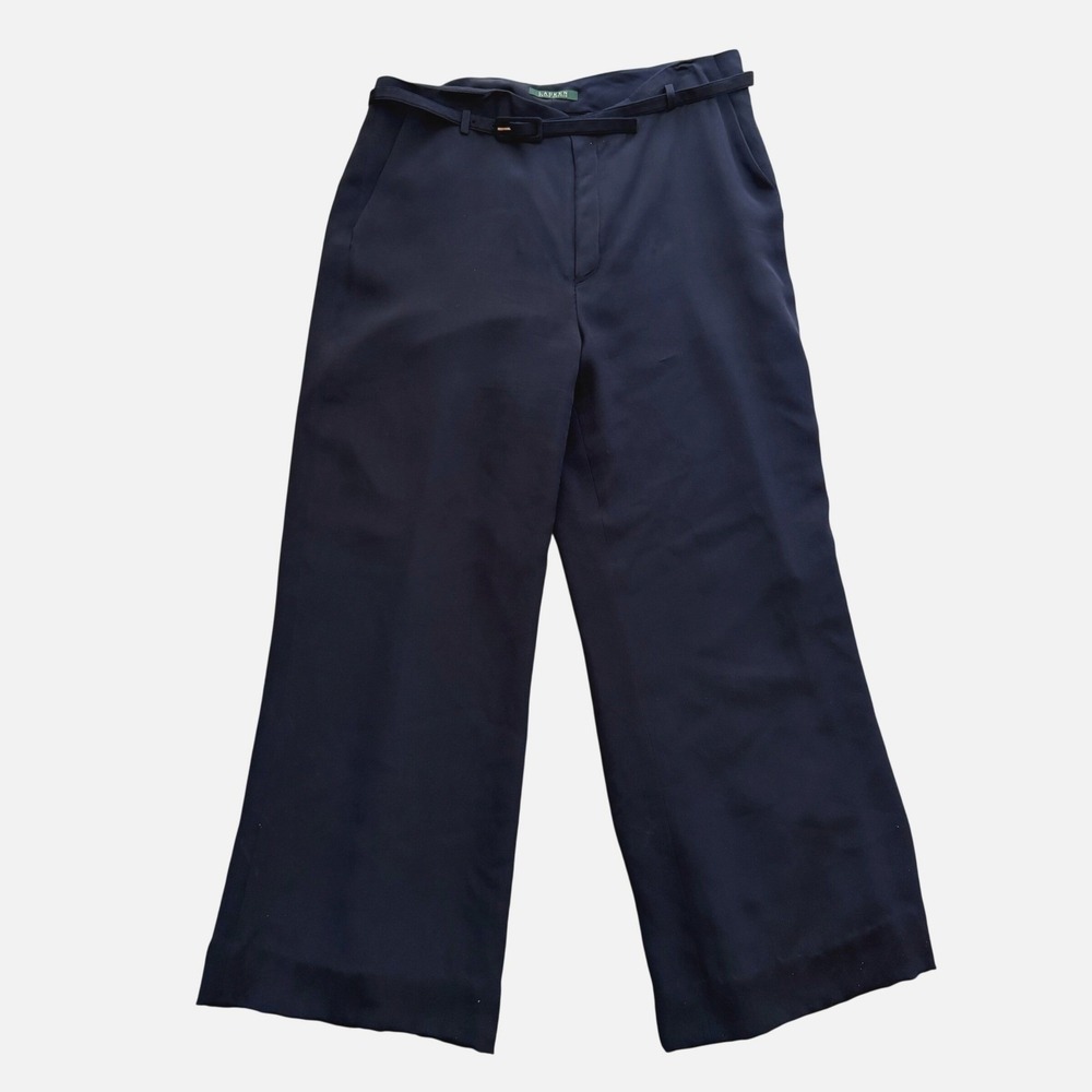 Lauren Ralph Lauren 100% Silk Wide Leg Trousers Navy Blue Belted Women's Size 14